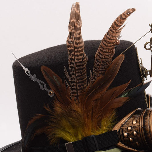 Unisex Steampunk Top Hat with Feathers and Goggles Hats - The Burner Shop