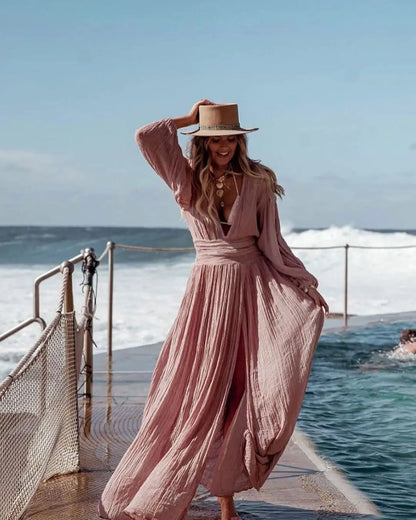 beach dress pink South Beach knit halter beach maxi dress with bead detail in pink