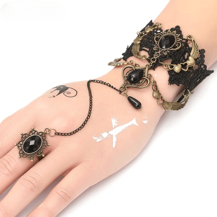 Gothic Lace Finger Ring & Chain Bracelets Bracelets - The Burner Shop