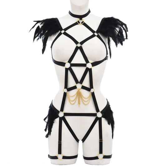 Gothic Spandex With Feathers Body Harness Body Harness - The Burner Shop