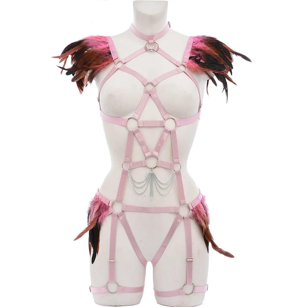 Gothic Spandex With Feathers Body Harness Body Harness - The Burner Shop