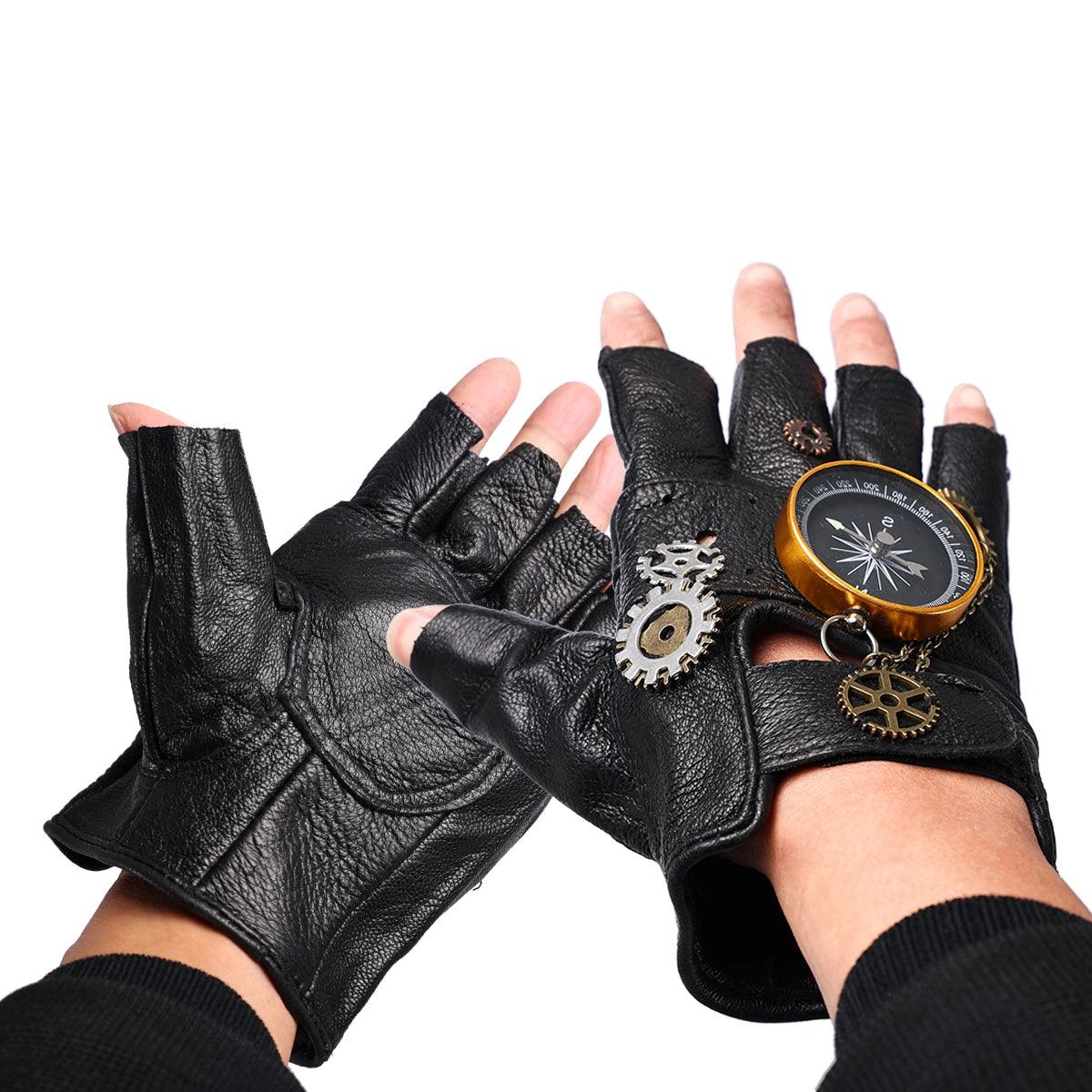 Steampunk Faux Leather Compass Gloves Gloves - The Burner Shop