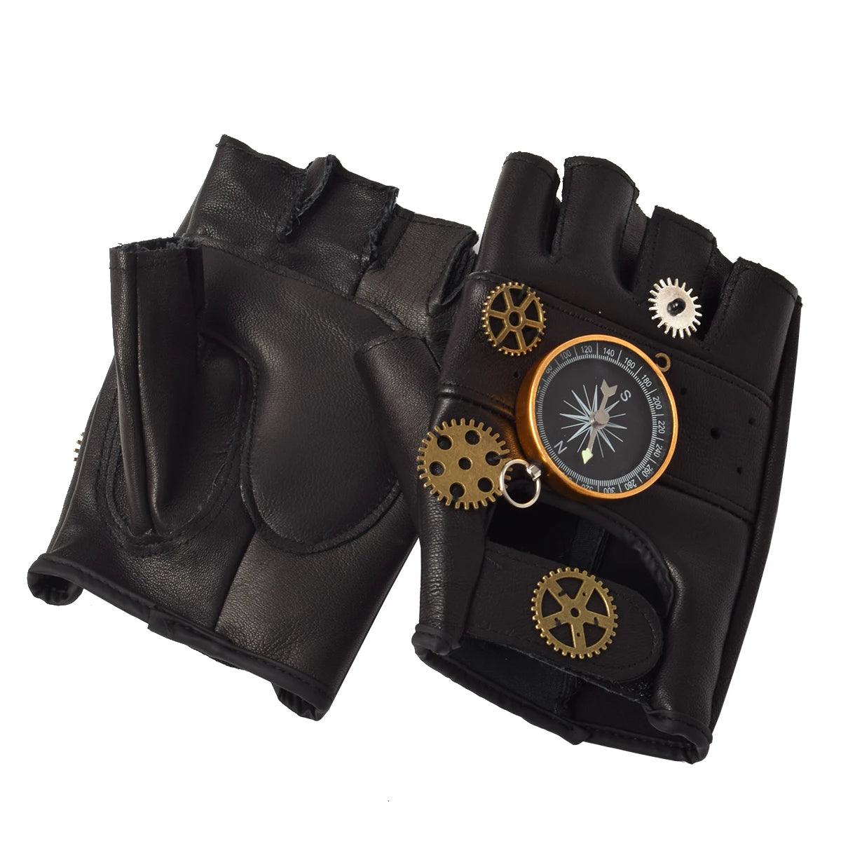 Steampunk Faux Leather Compass Gloves Gloves - The Burner Shop