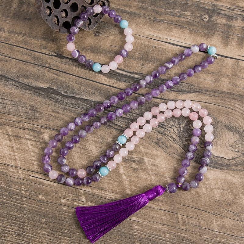Amethyst Rose Quartz Beaded Necklace & Bracelet Necklaces - The Burner Shop