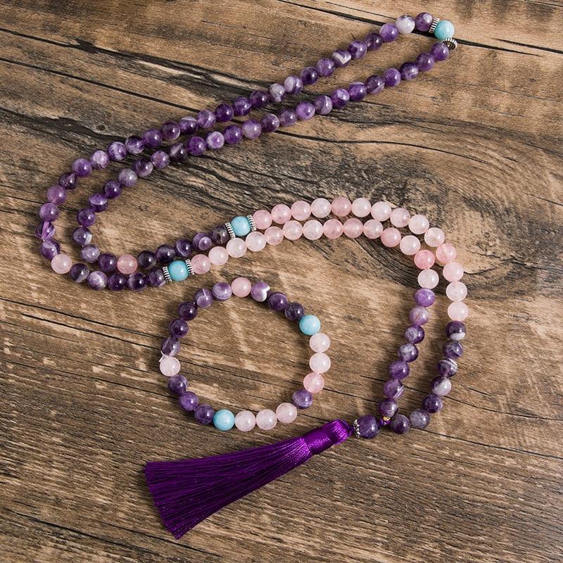 Amethyst Rose Quartz Beaded Necklace & Bracelet Necklaces - The Burner Shop