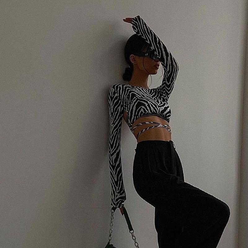 Backless Lace up Zebra Print Cop Top tops - The Burner Shop
