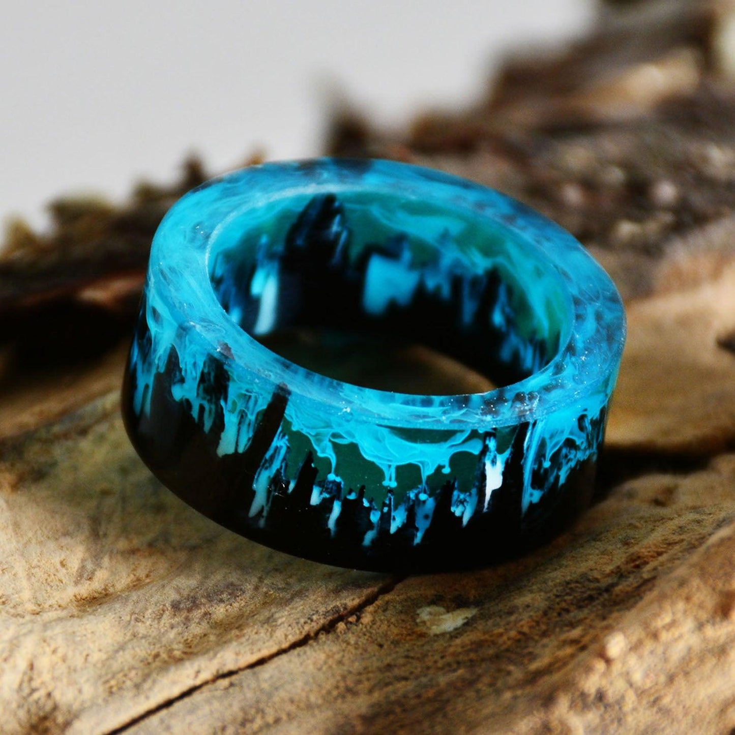 Blue Resin Wooden Mountains Ring Rings - The Burner Shop