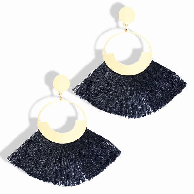 Bohemian Ethnic Handmade Circle Fan Shaped Long Tassel Drop Earrings Earrings - The Burner Shop