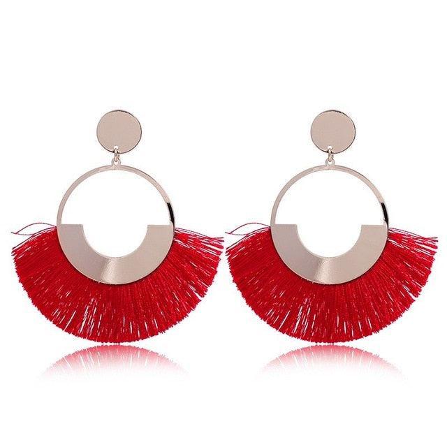 Bohemian Ethnic Handmade Circle Fan Shaped Long Tassel Drop Earrings Earrings - The Burner Shop