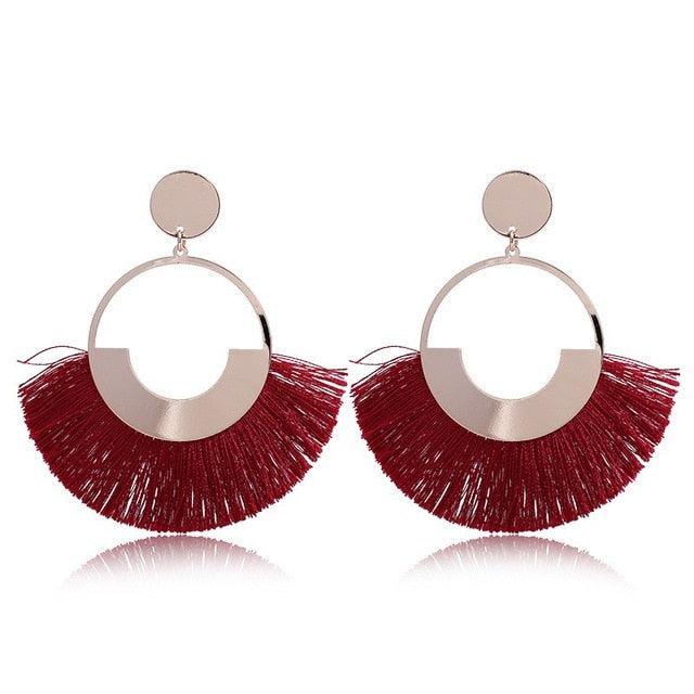 Bohemian Ethnic Handmade Circle Fan Shaped Long Tassel Drop Earrings Earrings - The Burner Shop