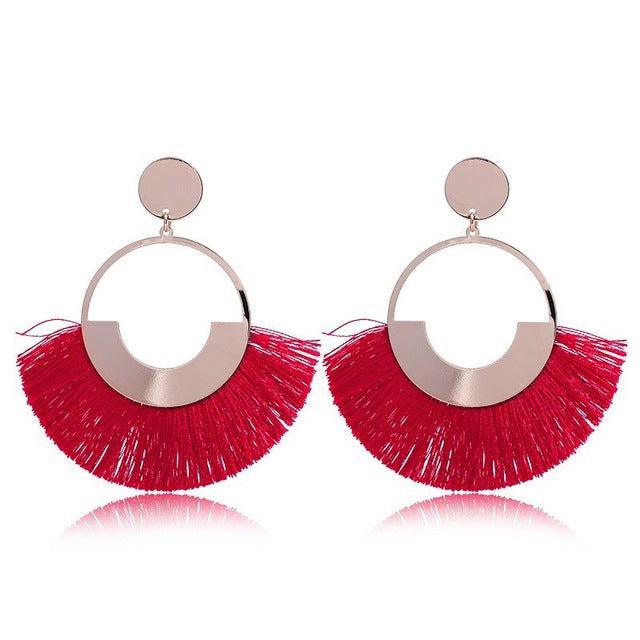 Bohemian Ethnic Handmade Circle Fan Shaped Long Tassel Drop Earrings Earrings - The Burner Shop
