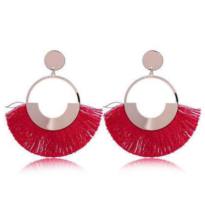 Bohemian Ethnic Handmade Circle Fan Shaped Long Tassel Drop Earrings Earrings - The Burner Shop