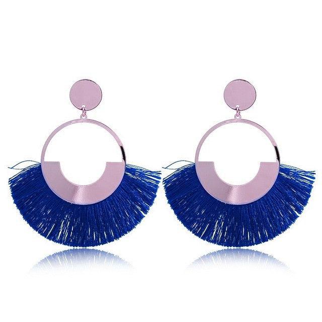 Bohemian Ethnic Handmade Circle Fan Shaped Long Tassel Drop Earrings Earrings - The Burner Shop