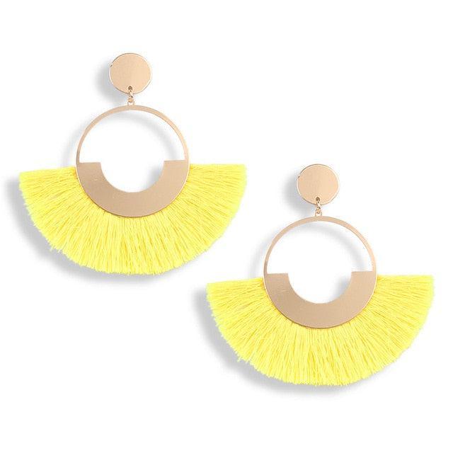 Bohemian Ethnic Handmade Circle Fan Shaped Long Tassel Drop Earrings Earrings - The Burner Shop