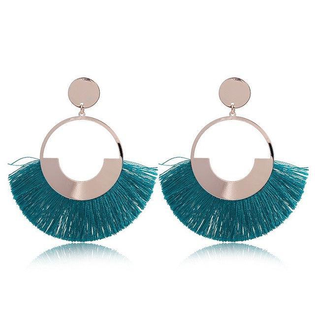 Bohemian Ethnic Handmade Circle Fan Shaped Long Tassel Drop Earrings Earrings - The Burner Shop