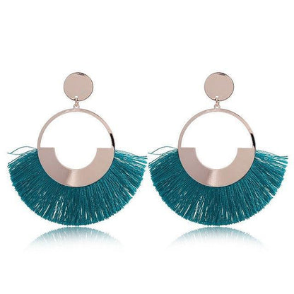 Bohemian Ethnic Handmade Circle Fan Shaped Long Tassel Drop Earrings Earrings - The Burner Shop