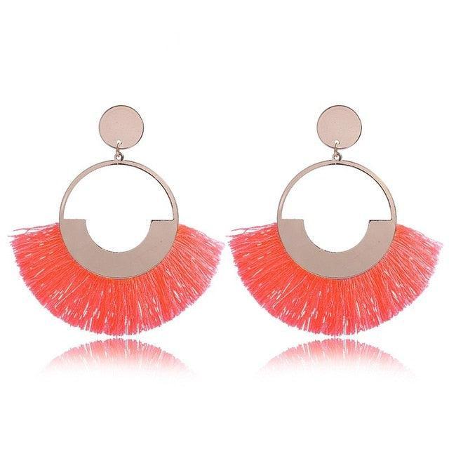 Bohemian Ethnic Handmade Circle Fan Shaped Long Tassel Drop Earrings Earrings - The Burner Shop