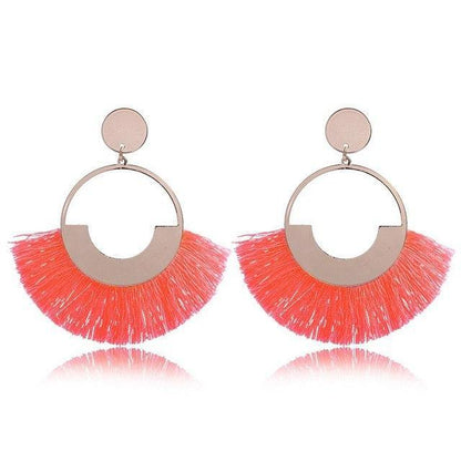 Bohemian Ethnic Handmade Circle Fan Shaped Long Tassel Drop Earrings Earrings - The Burner Shop