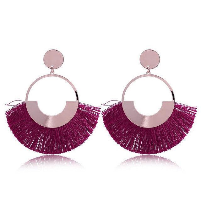 Bohemian Ethnic Handmade Circle Fan Shaped Long Tassel Drop Earrings Earrings - The Burner Shop