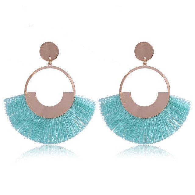 Bohemian Ethnic Handmade Circle Fan Shaped Long Tassel Drop Earrings Earrings - The Burner Shop