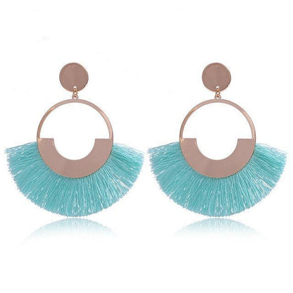 Bohemian Ethnic Handmade Circle Fan Shaped Long Tassel Drop Earrings Earrings - The Burner Shop