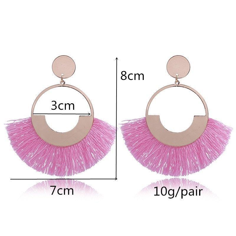 Bohemian Ethnic Handmade Circle Fan Shaped Long Tassel Drop Earrings Earrings - The Burner Shop
