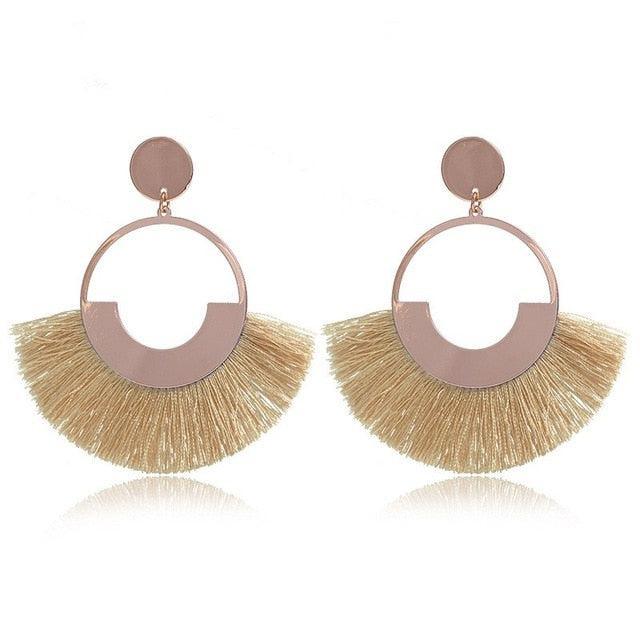 Bohemian Ethnic Handmade Circle Fan Shaped Long Tassel Drop Earrings Earrings - The Burner Shop