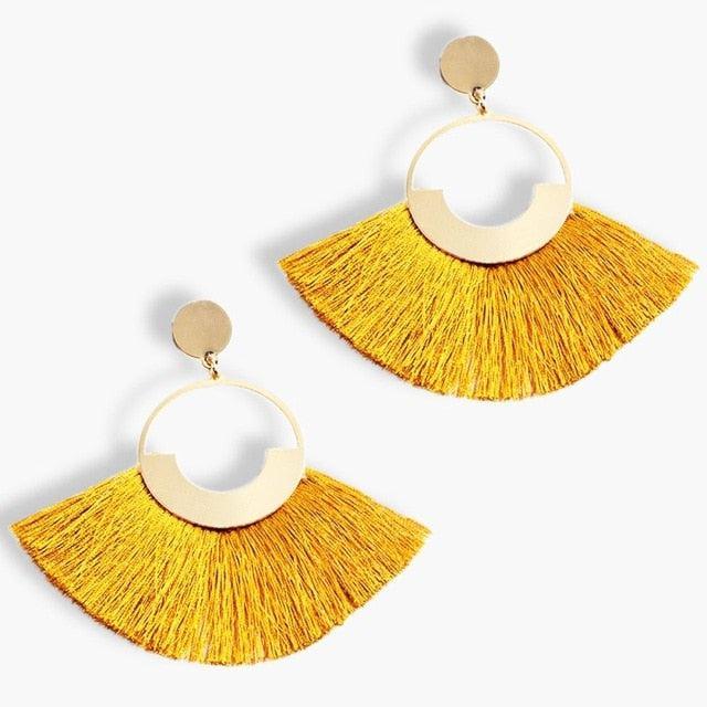 Bohemian Ethnic Handmade Circle Fan Shaped Long Tassel Drop Earrings Earrings - The Burner Shop