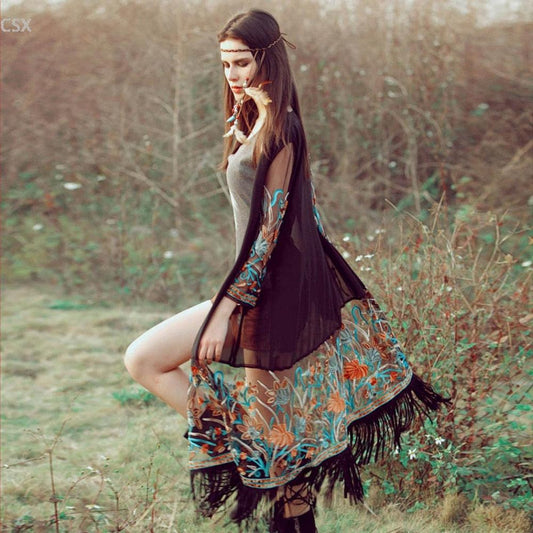 Bohemian Flower Embroidery Chiffon Cardigan Cardigans - The Burner Shop