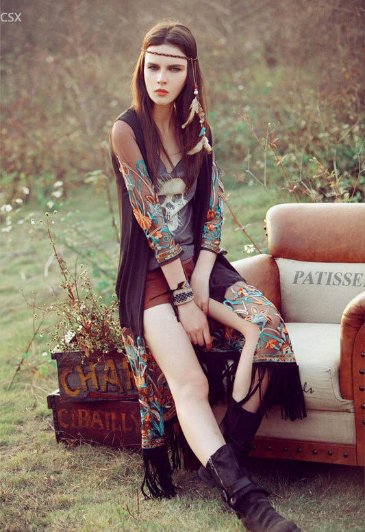 Bohemian Flower Embroidery Chiffon Cardigan Cardigans - The Burner Shop