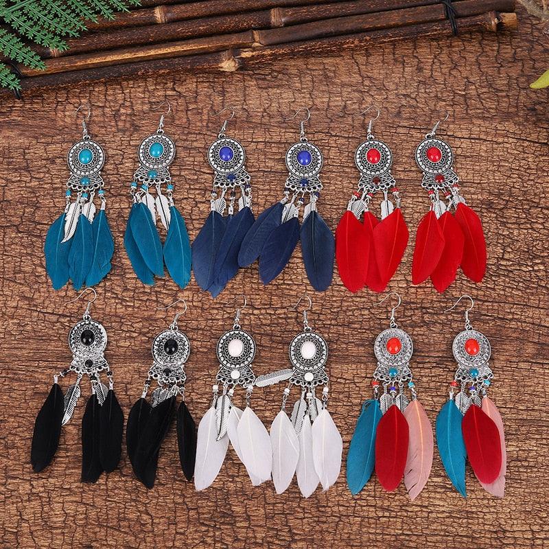 Bohemian Long Feather Dangle Earrings Earrings - The Burner Shop