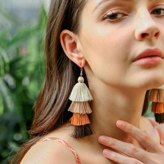 Boho 4 Layered Multi Colour Cotton Tassel Earrings Earrings - The Burner Shop