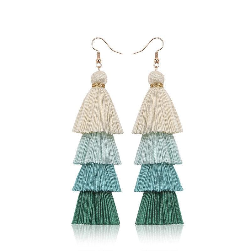 Boho 4 Layered Multi Colour Cotton Tassel Earrings Earrings - The Burner Shop