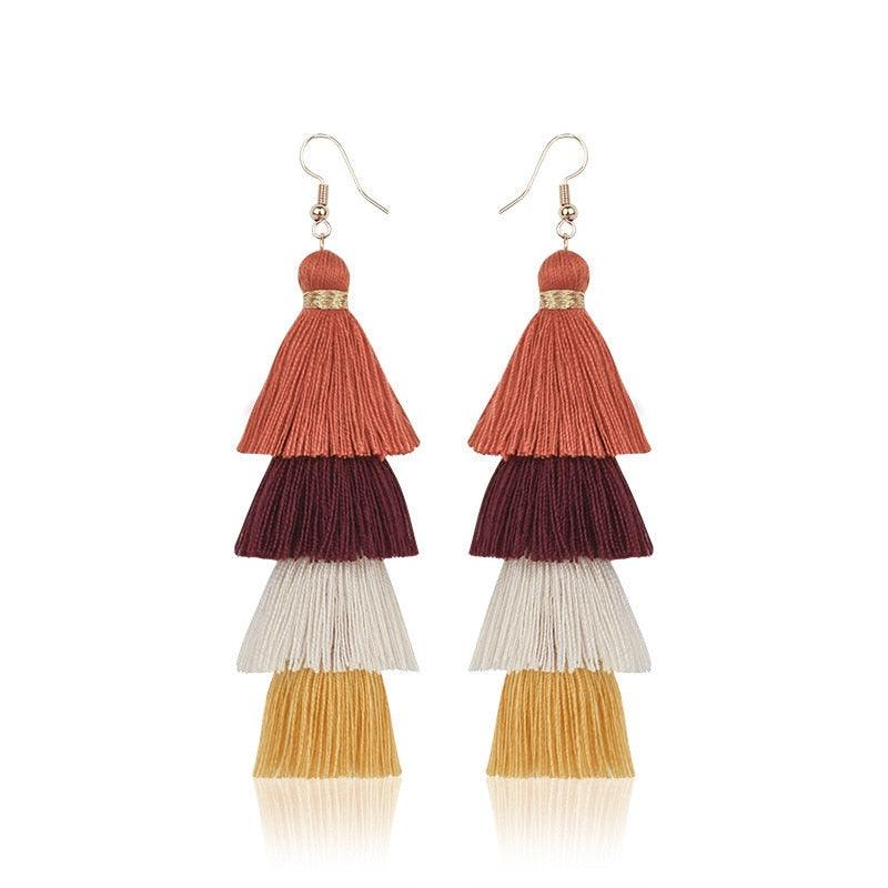 Boho 4 Layered Multi Colour Cotton Tassel Earrings Earrings - The Burner Shop