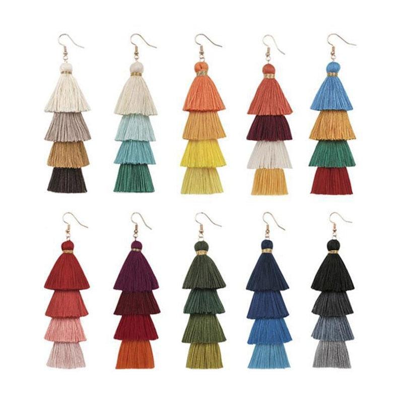 Boho 4 Layered Multi Colour Cotton Tassel Earrings Earrings - The Burner Shop