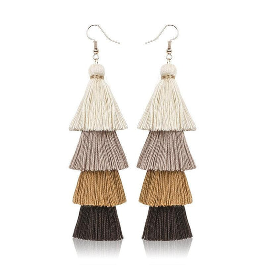 Boho 4 Layered Multi Colour Cotton Tassel Earrings Earrings - The Burner Shop