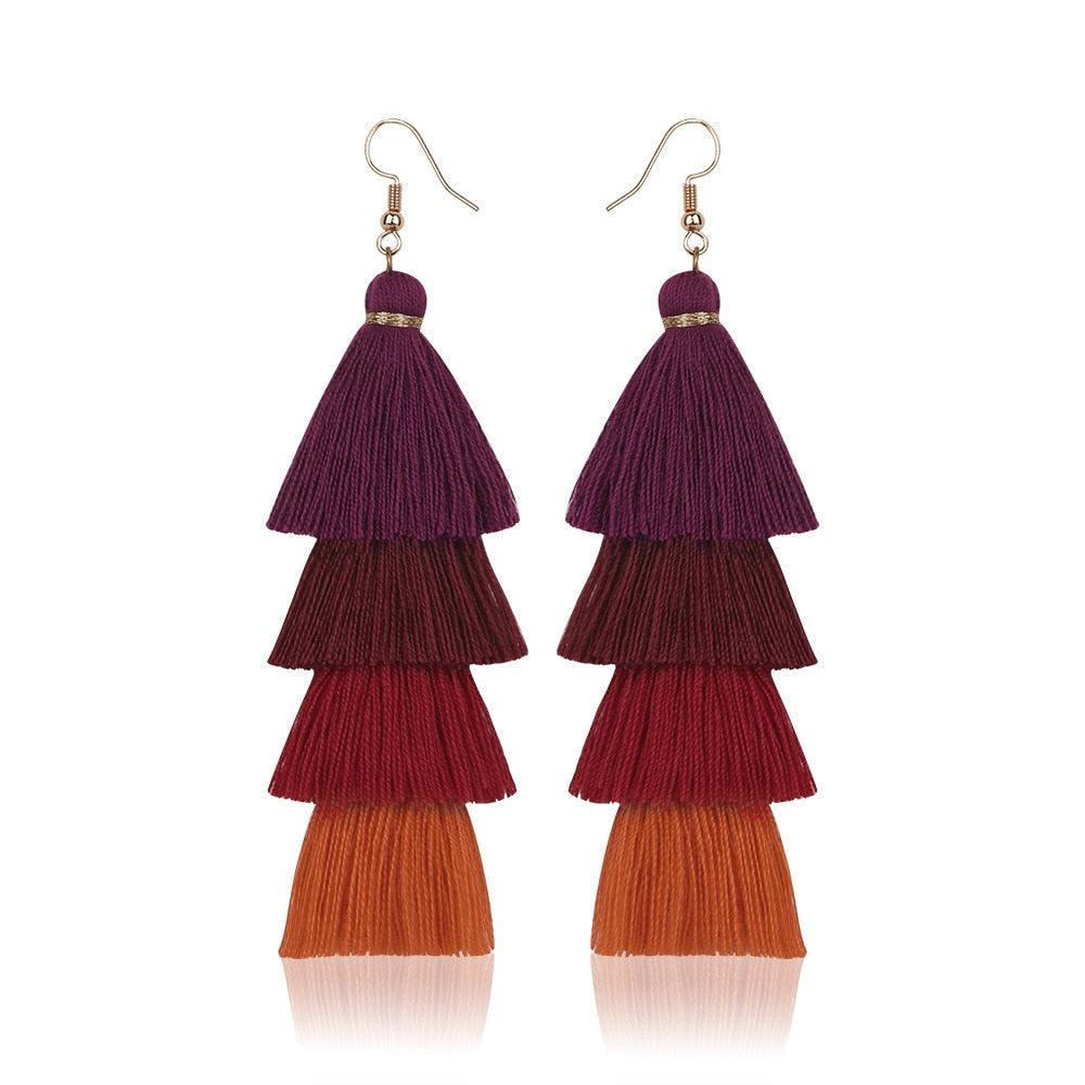 Boho 4 Layered Multi Colour Cotton Tassel Earrings Earrings - The Burner Shop