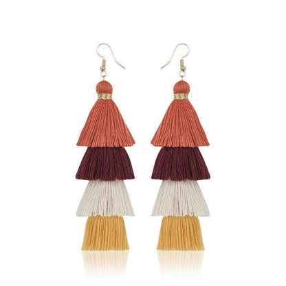 Boho 4 Layered Multi Colour Cotton Tassel Earrings Earrings - The Burner Shop