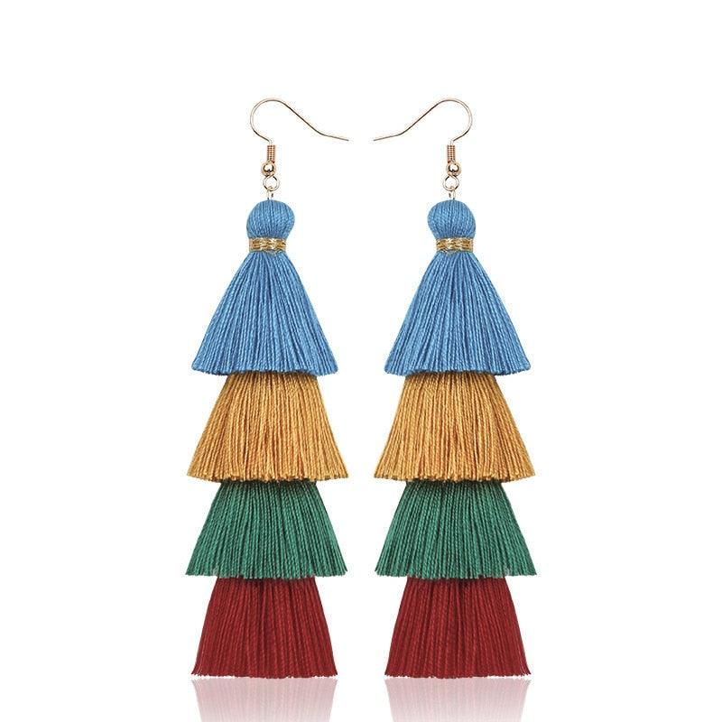 Boho 4 Layered Multi Colour Cotton Tassel Earrings Earrings - The Burner Shop
