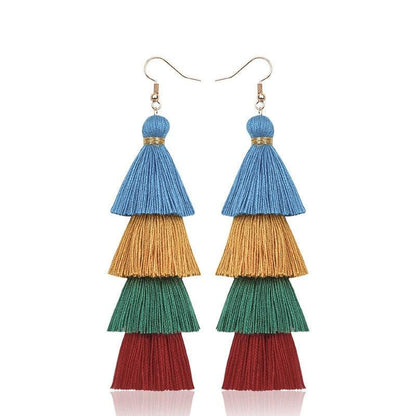 Boho 4 Layered Multi Colour Cotton Tassel Earrings Earrings - The Burner Shop
