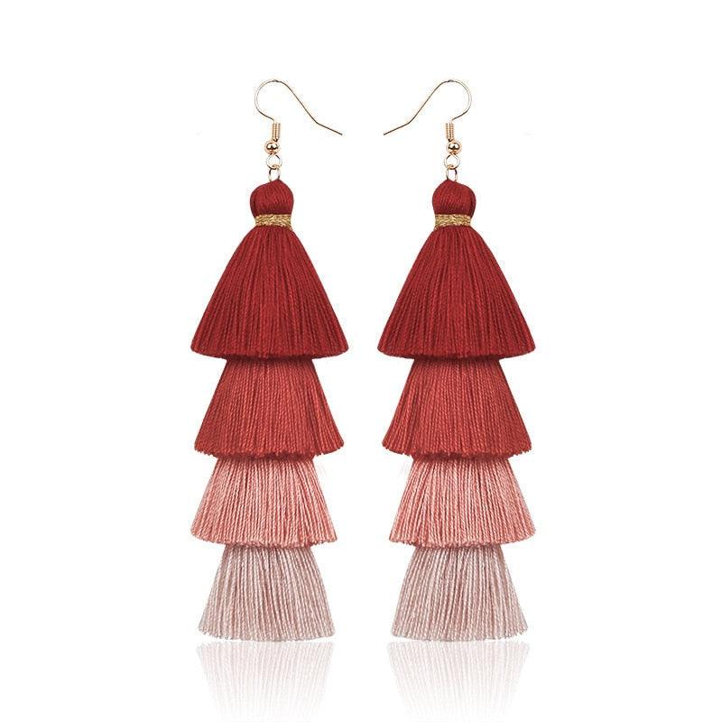 Boho 4 Layered Multi Colour Cotton Tassel Earrings Earrings - The Burner Shop