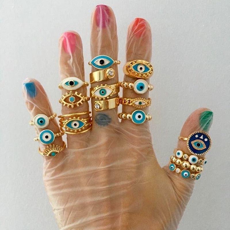 Boho Blue & Gold Evil Eye Ring Rings - The Burner Shop