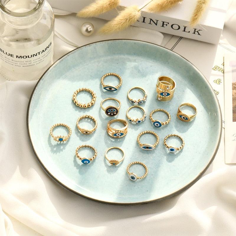 Boho Blue & Gold Evil Eye Ring Rings - The Burner Shop