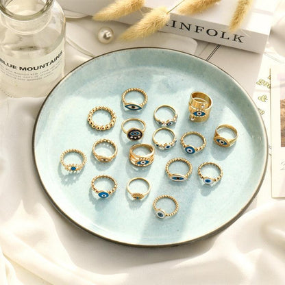 Boho Blue & Gold Evil Eye Ring Rings - The Burner Shop
