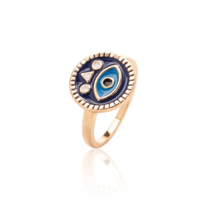 Boho Blue & Gold Evil Eye Ring Rings - The Burner Shop