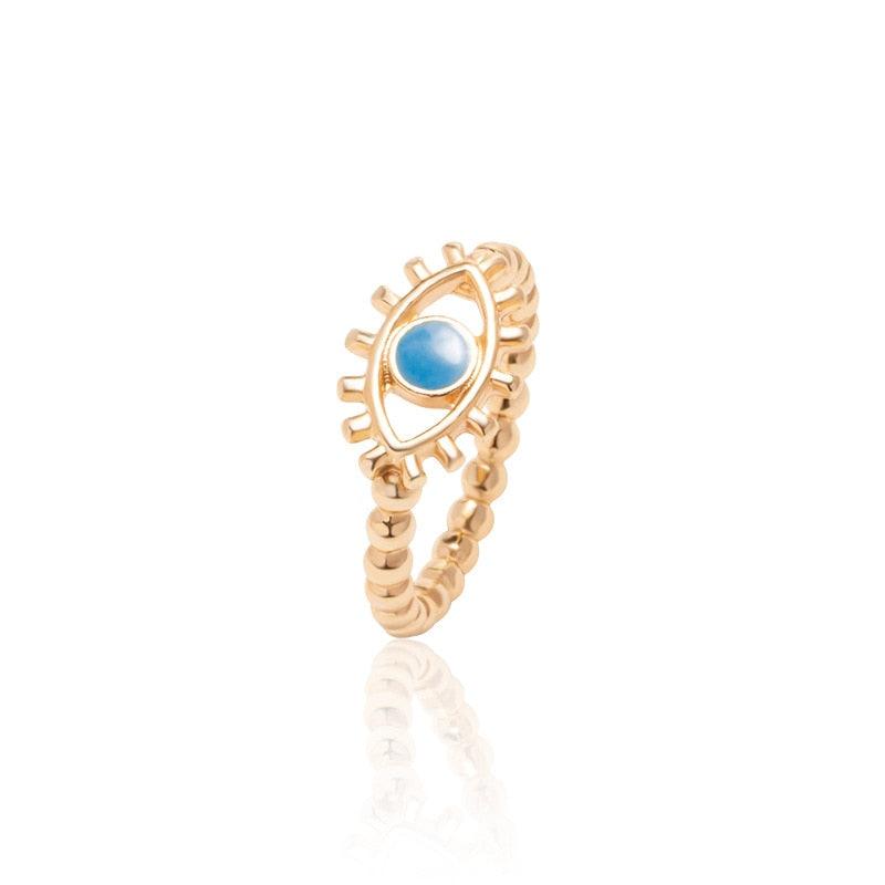 Boho Blue & Gold Evil Eye Ring Rings - The Burner Shop