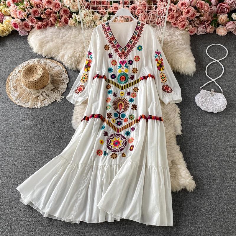 Boho Chic Floral Embroidery Dress Dresses - The Burner Shop