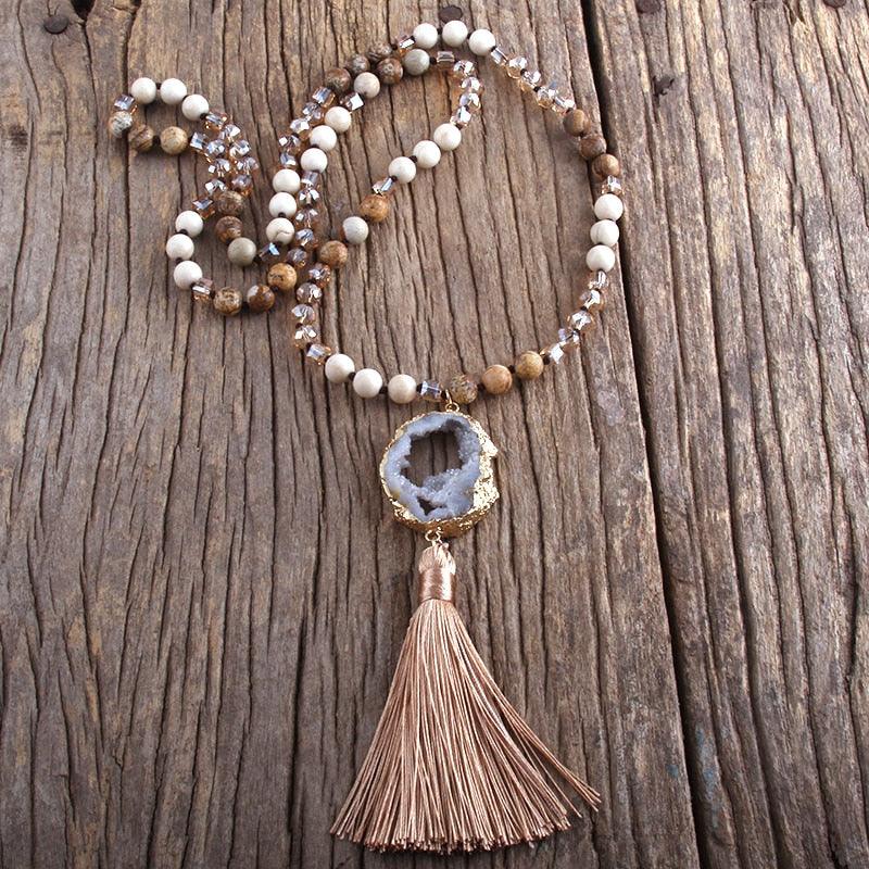 Boho Chic Stone Beaded Pendant Necklace with Tassel Necklaces - The Burner Shop