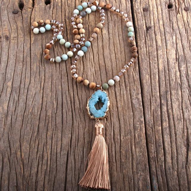 Boho Chic Stone Beaded Pendant Necklace with Tassel Necklaces - The Burner Shop