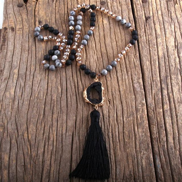 Boho Chic Stone Beaded Pendant Necklace with Tassel Necklaces - The Burner Shop